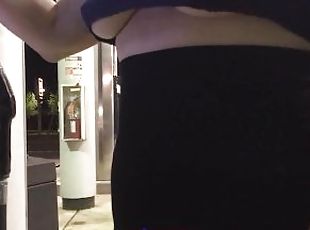 MILF Sheery Braless in a crop top show sexy underboob while pumping gas at the station