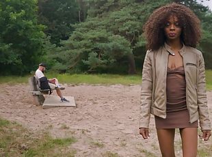 Curly black doll tries random man's huge dick in a dirty outdoor play