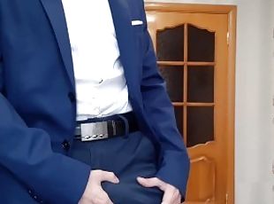 Guy came home from the office, he's very horny, he took his cock out of his pants and jerk it off
