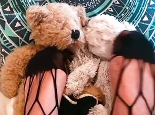Smothering Teddy with Fishnet Stockings