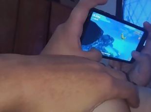 Touching my beautiful babe's big tits while playing video games on her cell phone