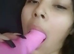 Spitting on my pink dildo before I put it in my pussy