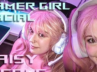 Teen Overwatch gamer girl sister sucks my cock and takes a facial