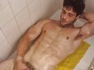 Handjob during hot shower for muscular boy after intense workout